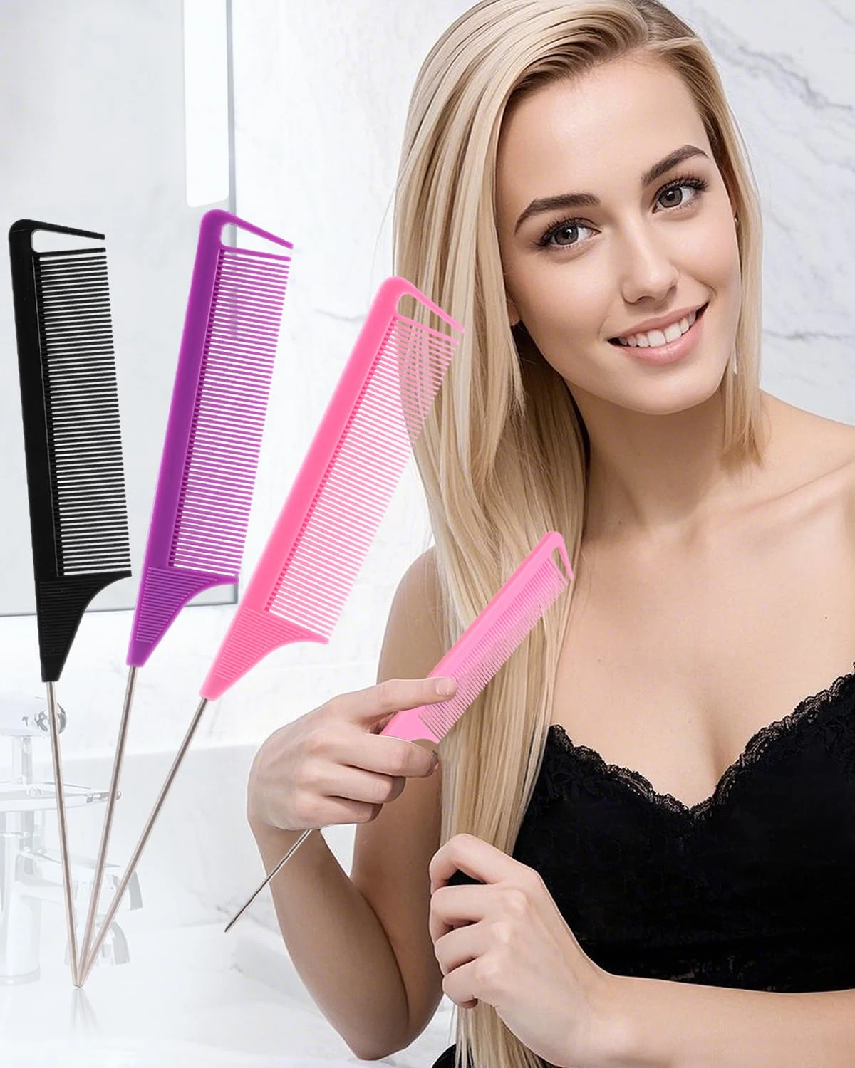 3 Pack Hair Styling Comb Set, Hair Brushes Combs for Parting, Controlling Flyaways & Smoothing Women Ladies Hair, Regular Size, Bristle Brush for Edge Styling(Pink, Purple, Black)