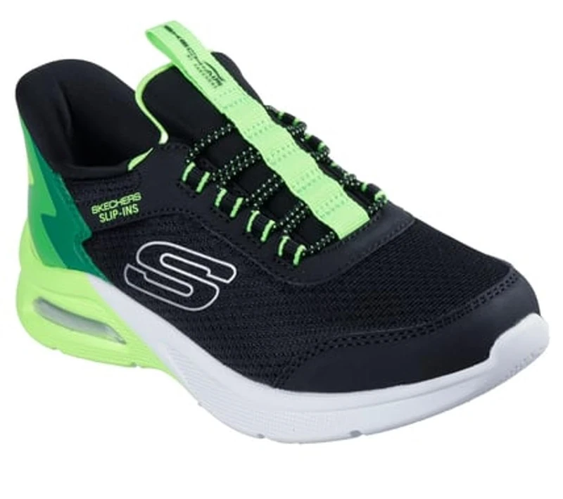 Skechers Boy's Microspec Max Brisk-Stripe Sneakers, Black Textile/Synthetic/Lime Trim, 2 UK Child