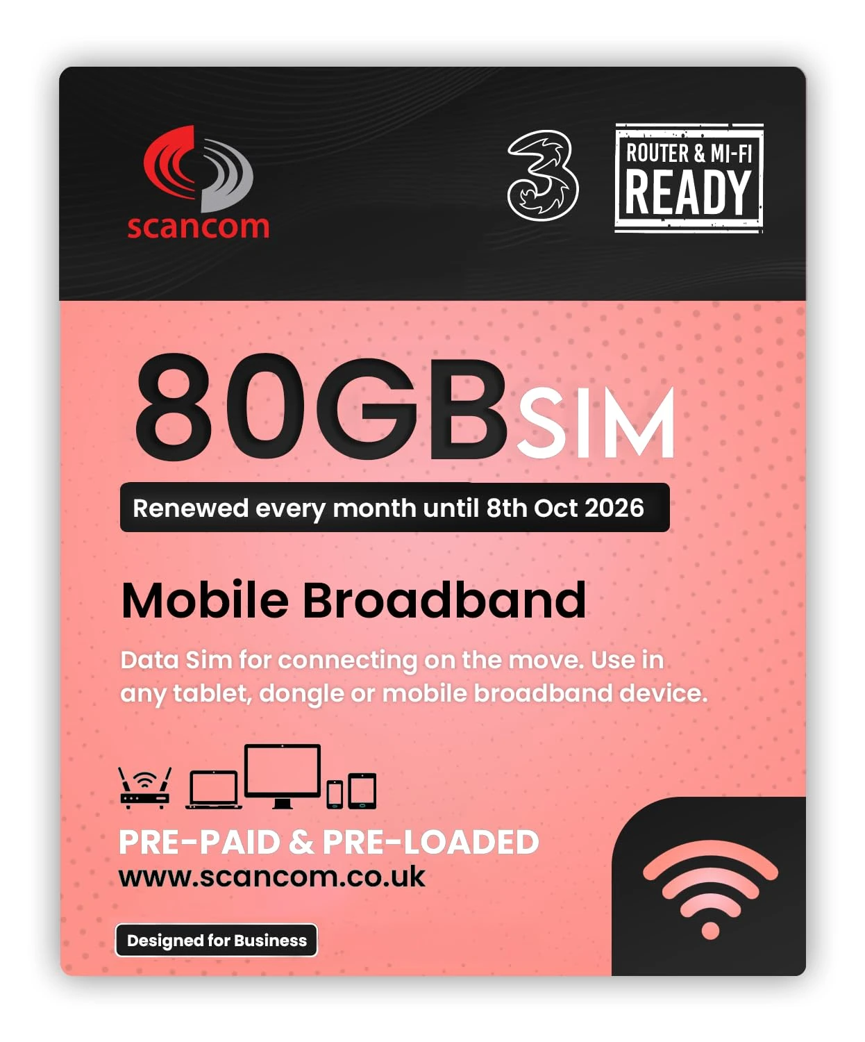 Three 80GB Data SIM - Uncapped 5G - Preloaded MONTHLY Until October 2026 - Plug & Play for Routers & Phones - Access to Three & Vodafone - Connects to the Strongest Signal available