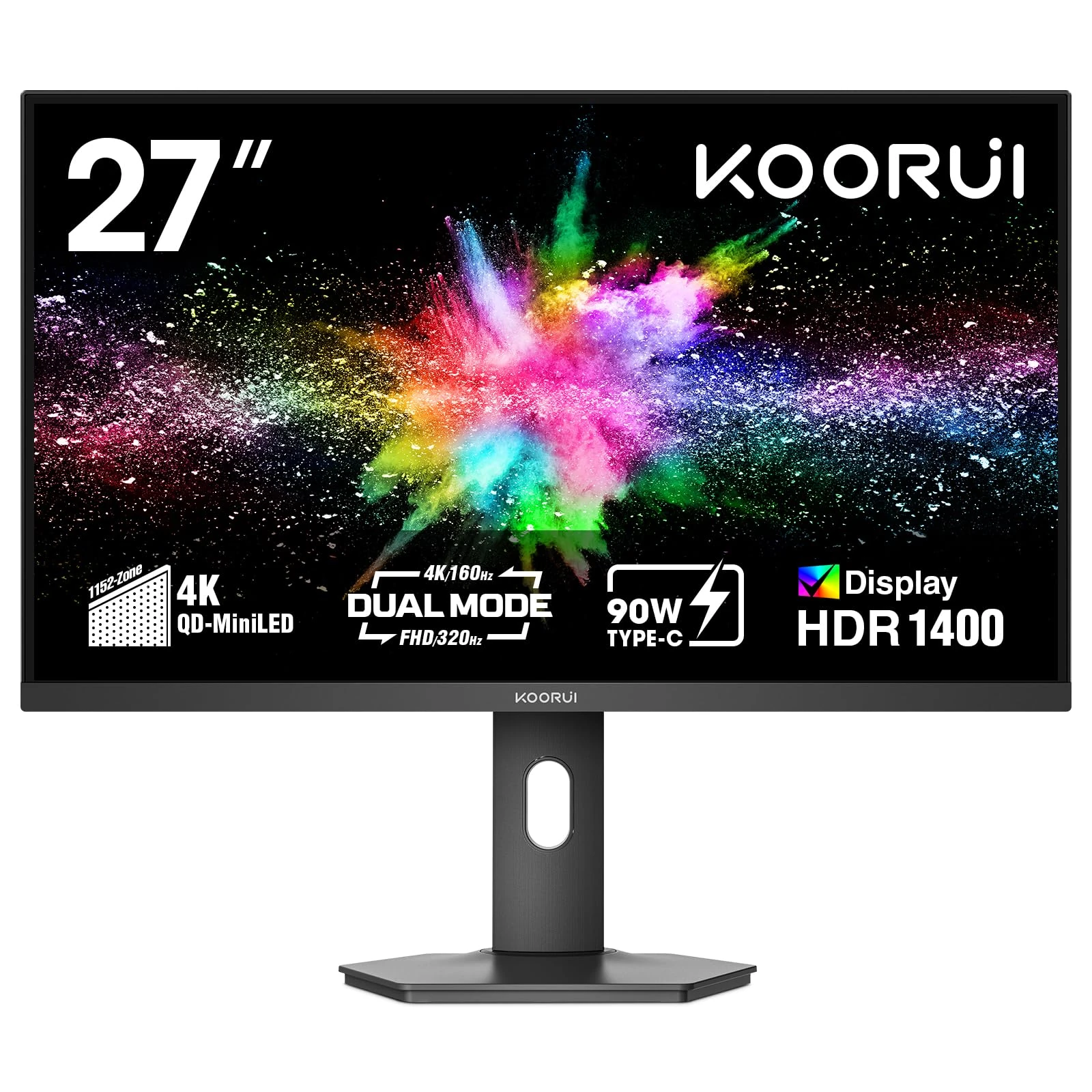 KOORUI S2741LM 27 Inch 4K Gaming Monitor, 160Hz+UHD/320Hz+FHD, Mini-Led IPS, 1ms, HDR 1400, Adaptive Sync, Lifting Adjustable, VESA Mountable, USB/Type-C, 99% SRGB