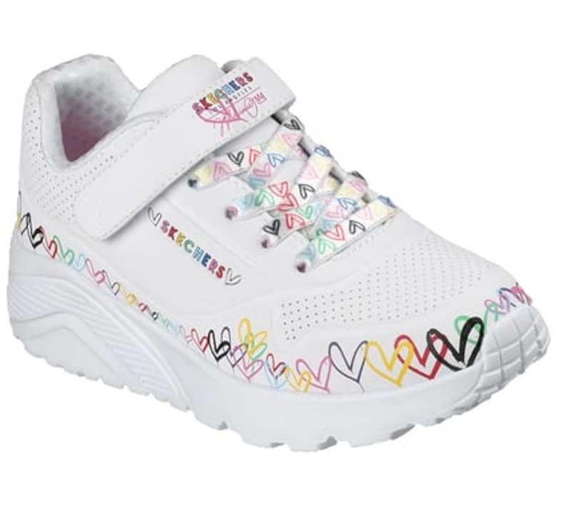 Skechers Girl's Uno Lite Heart Craze Sneakers, White Synthetic/Multi Trim, 1 UK Child