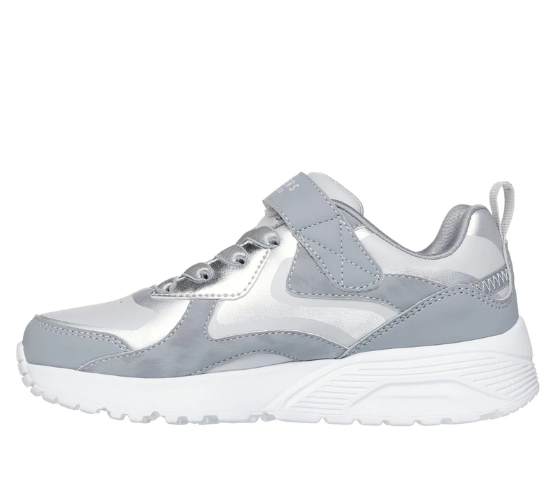 Skechers Girl's Uno Lite Metallic Burst Sneakers, Gray Synthetic/Silver Trim, 13.5 UK Child