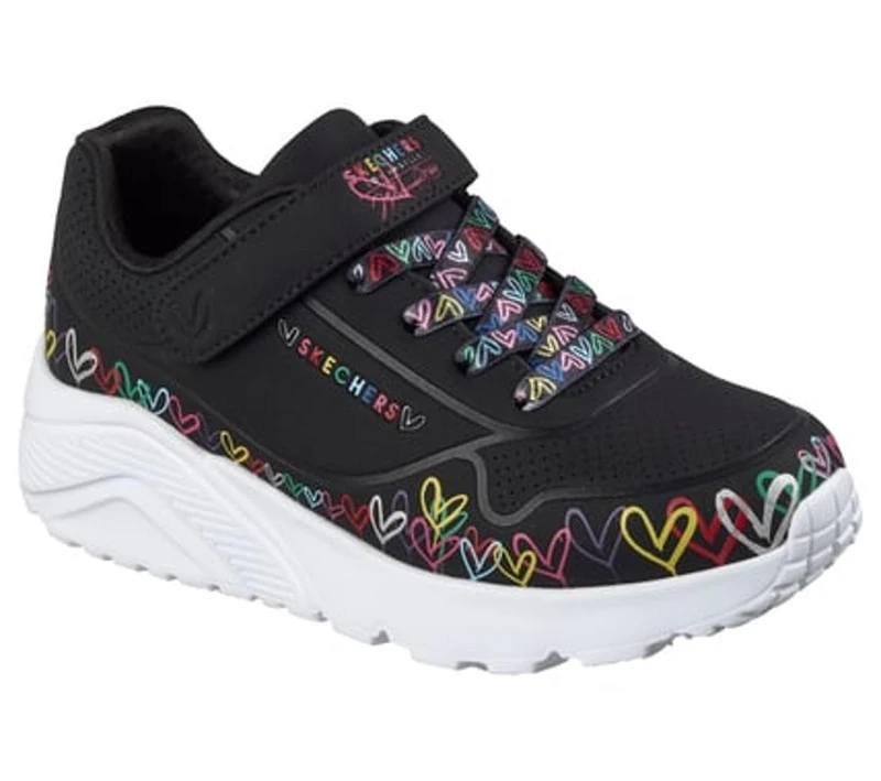 Skechers Girl's Uno Lite Heart Craze Sneakers, Black Synthetic/Multi Trim, 2 UK Child