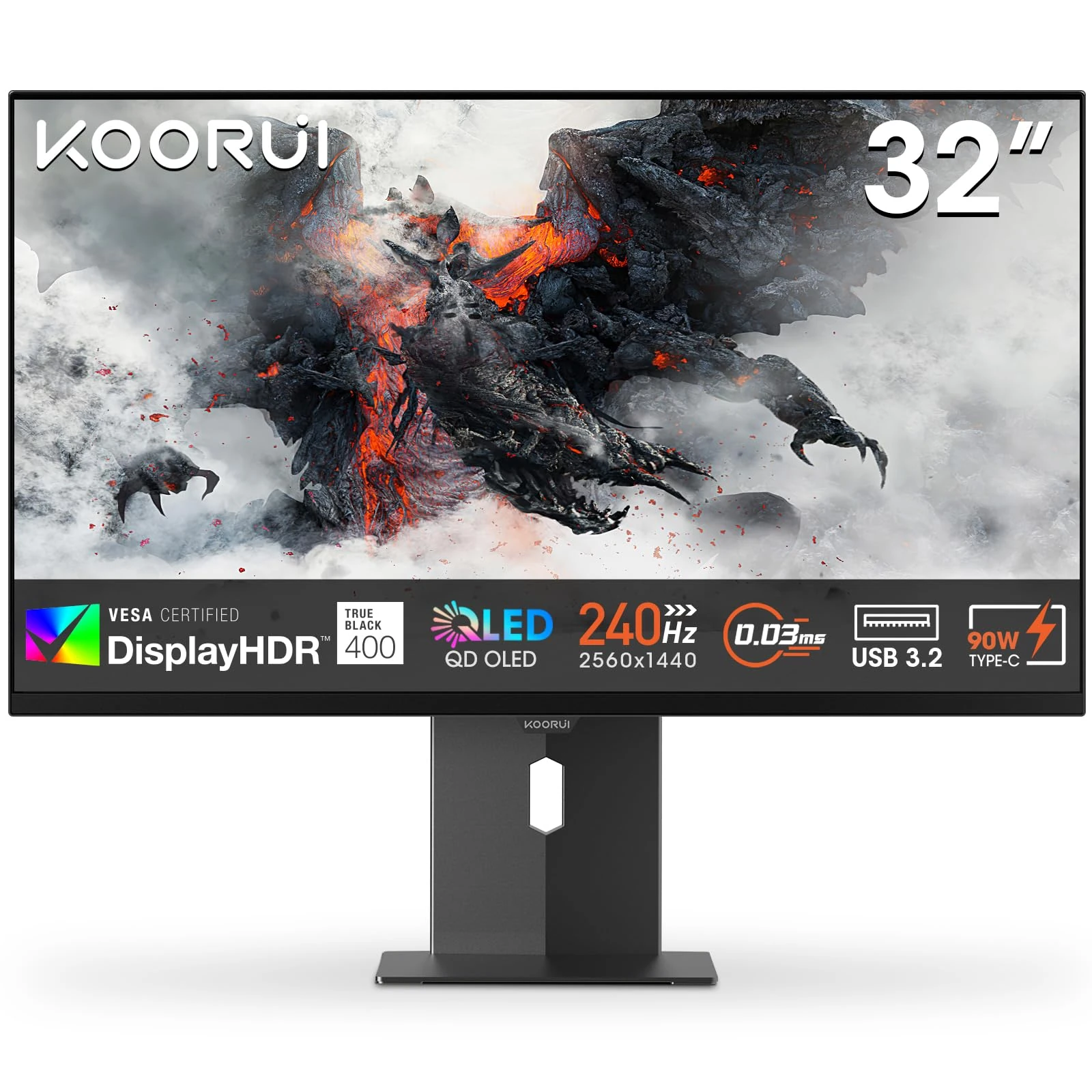 KOORUI S3241XO 32 Inch 4K Gaming Monitor, 240Hz, QD-OLED, UHD 2160P, 0.03ms, HDR 400, Adaptive Sync, Lifting Adjustable, VESA Mountable, USB-C/HDMI/DP, Low Blue Light, 99% SRGB