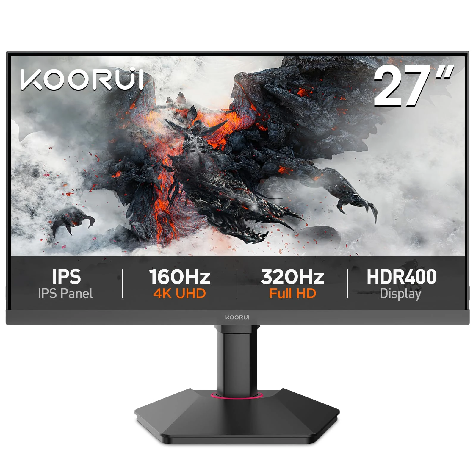 KOORUI G2741L 27 Inch 4K Gaming Monitor, 160Hz+UHD/320Hz+FHD, 1ms, HDR 400, Fast IPS, Adaptive Sync, Lifting Adjustable, VESA Mountable, HDMI/DP, Low Blue Light, 99% SRGB
