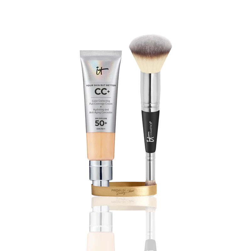 IT Cosmetics CC+ Cream SPF 50 Medium 32ml & Heavenly Luxe Complexion Perfection Brush #7, Double-Ended Foundation & Concealer Brush