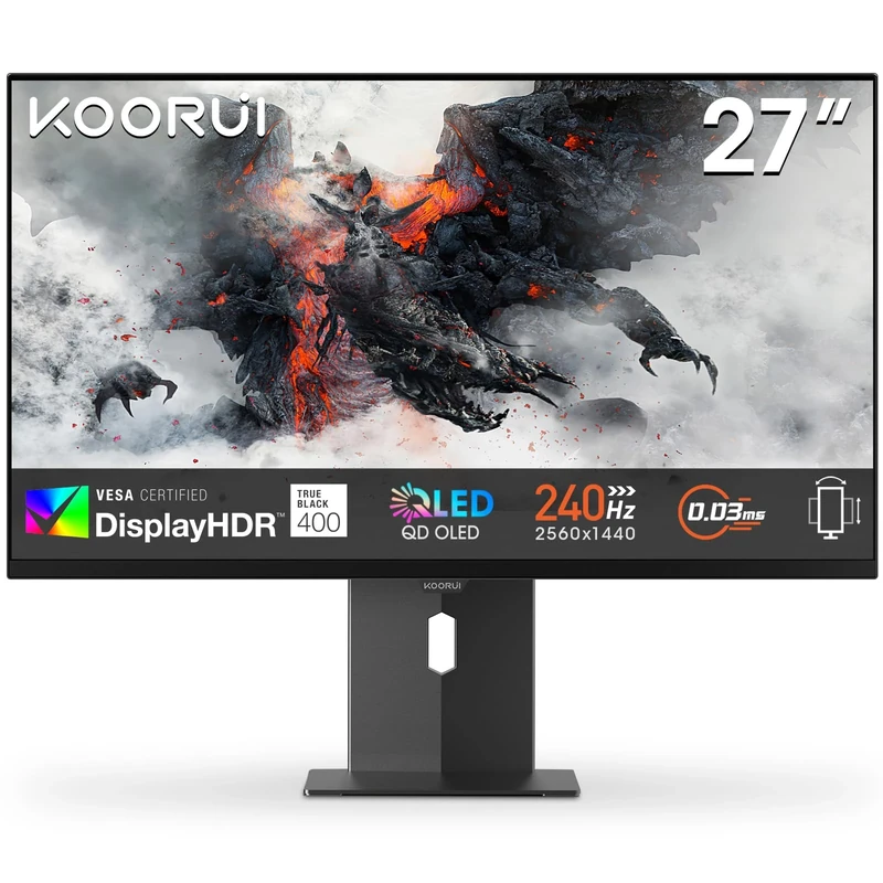 KOORUI S2721XO 27 Inch Gaming Monitor, 240Hz, QD-OLED, QHD 1440P, 0.03ms, HDR 400, Adaptive Sync, Lifting Adjustable, VESA Mountable, HDMI/DP, Low Blue Light, 99% SRGB