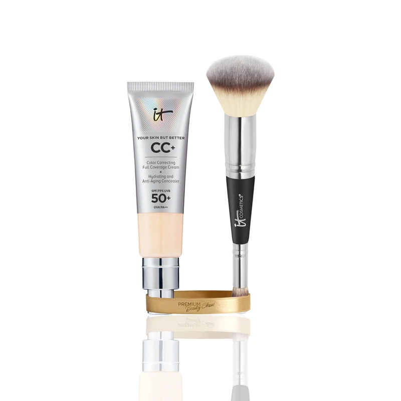 IT Cosmetics CC+ Cream SPF 50 Fair Light 32ml & Heavenly Luxe Complexion Perfection Brush #7, Double-Ended Foundation & Concealer Brush