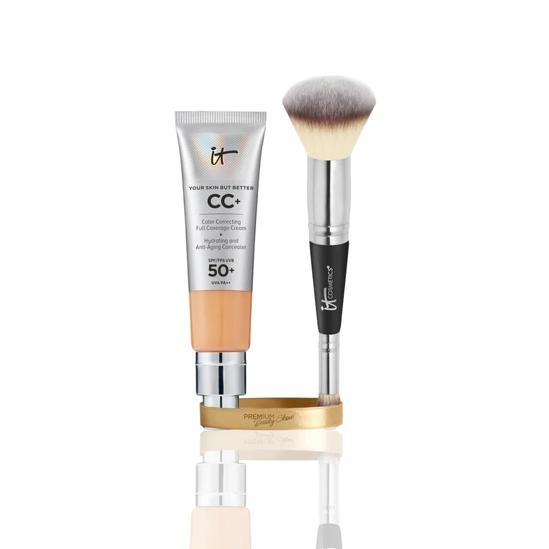 IT Cosmetics CC+ Cream SPF 50 Neutral Tan 32ml & Heavenly Luxe Complexion Perfection Brush #7, Double-Ended Foundation & Concealer Brush
