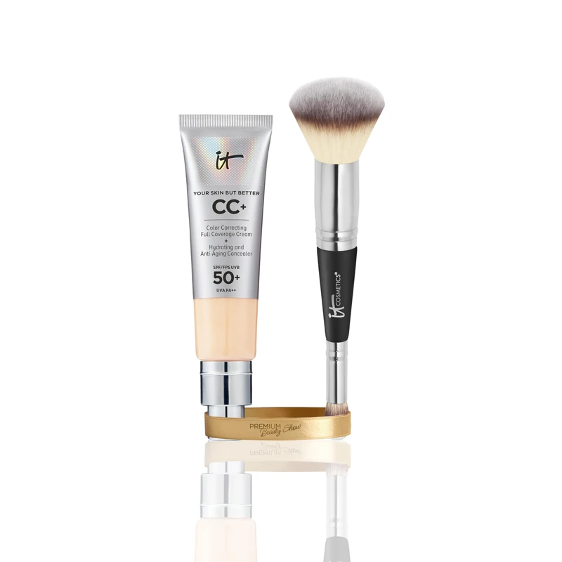 IT Cosmetics CC+ Cream SPF 50 Light 32ml & Heavenly Luxe Complexion Perfection Brush #7, Double-Ended Foundation & Concealer Brush