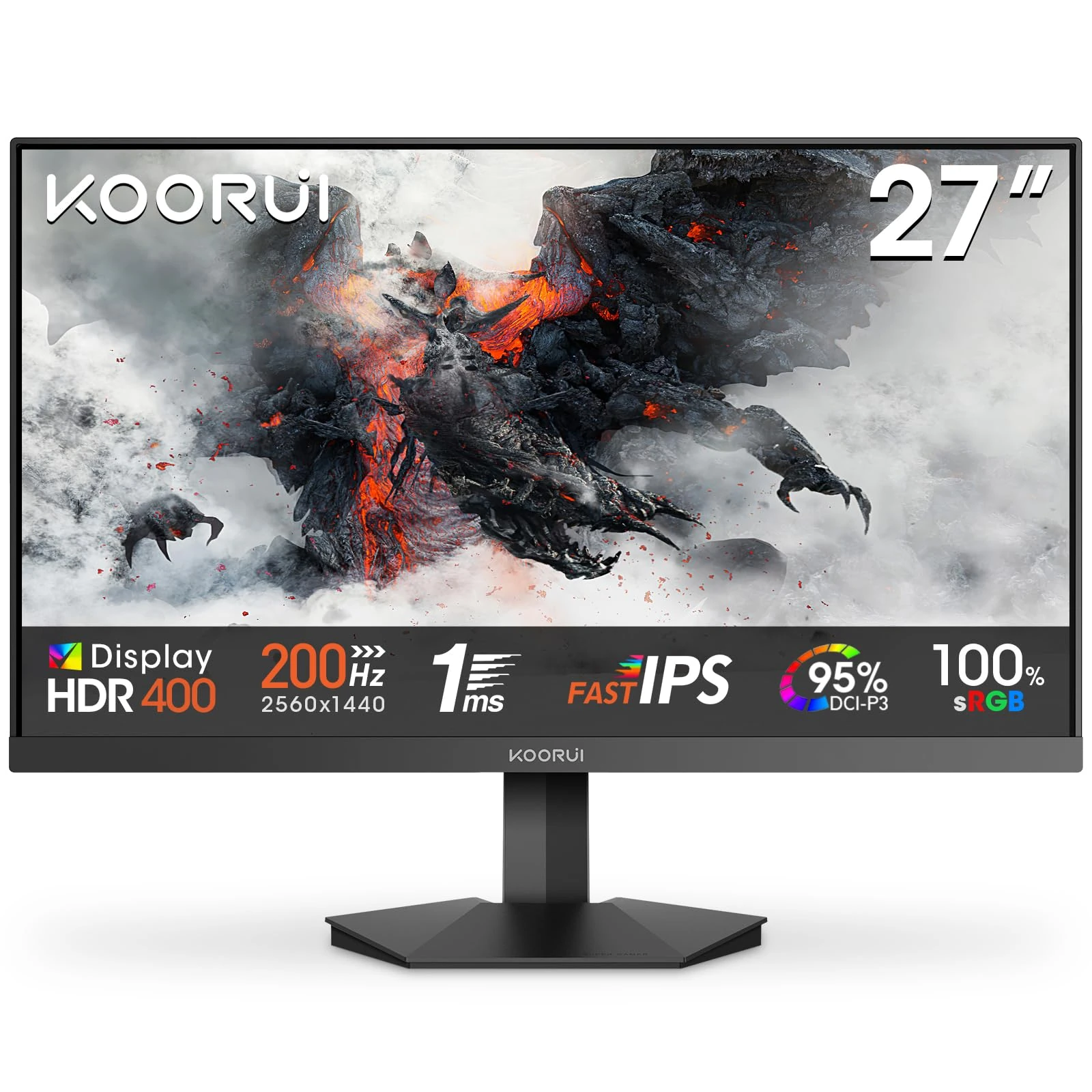 KOORUI G2721P 27 Inch Gaming Monitor,200Hz, Fast IPS, QHD 1440P, 1ms, HDR 400, Adaptive Sync, VESA Mountable, HDMI/DP, Low Blue Light, 99% SRGB