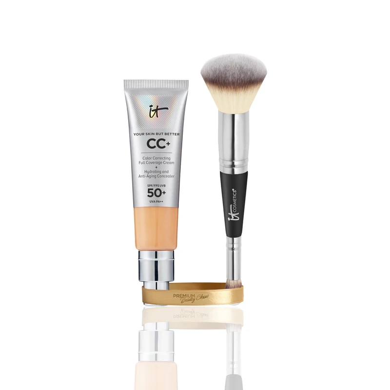 IT Cosmetics CC+ Cream SPF 50 Medium Tan 32ml & Heavenly Luxe Complexion Perfection Brush #7, Double-Ended Foundation & Concealer Brush