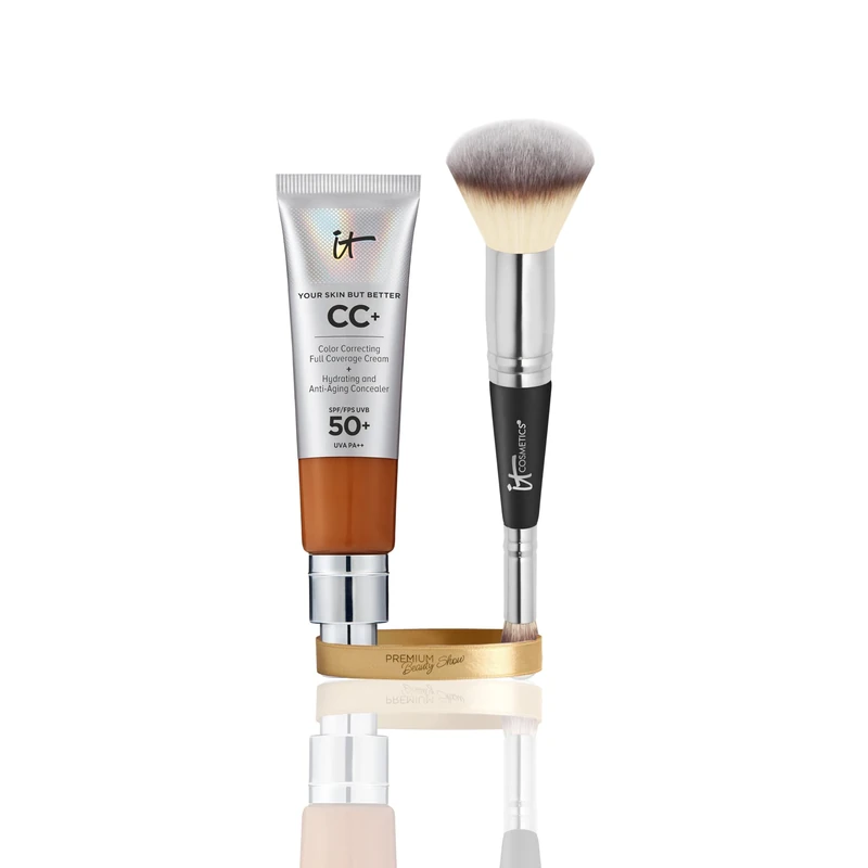 IT Cosmetics CC+ Cream SPF 50 Rich Honey 32ml & Heavenly Luxe Complexion Perfection Brush #7, Double-Ended Foundation & Concealer Brush