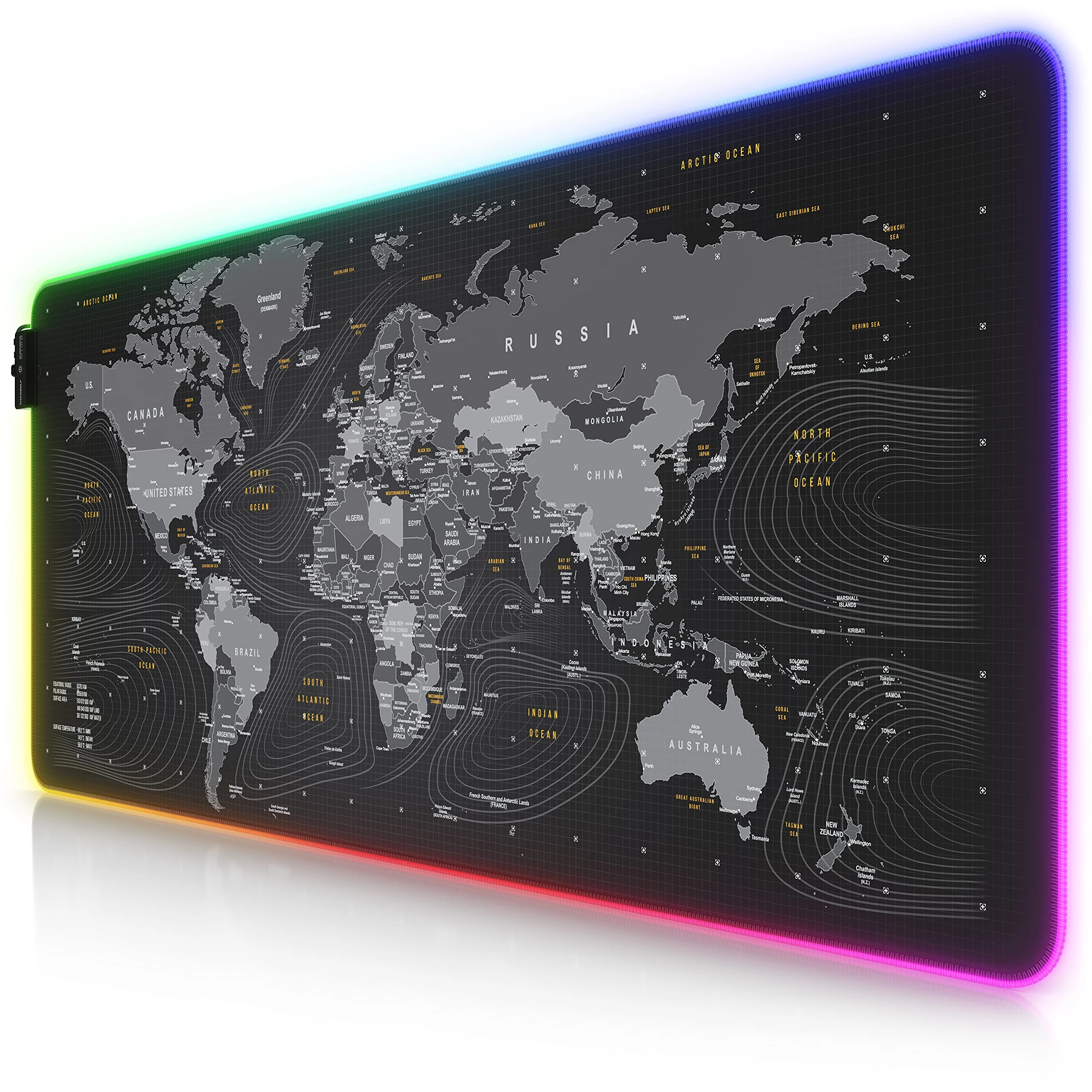 CSL - XXXL RGB Gaming Mouse Mat - LED Desk Pad - 900x400 mm Oversize - XXL Mouse Pad - LED Multi colour - 11 lighting modes - 7 LED colours plus 4 effect modes - washable - World map