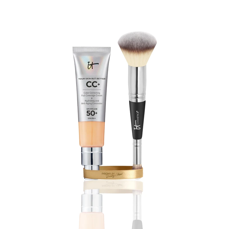 IT Cosmetics CC+ Cream SPF 50 Neutral Medium 32ml & Heavenly Luxe Complexion Perfection Brush #7, Double-Ended Foundation & Concealer Brush