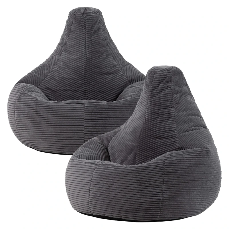 icon Dalton Cord Bean Bag Chair, Set of 2, Charcoal Grey, Large Adult Bean Bag with Filling Included, Comfy Chair, Living Room Furniture, Bedroom Furniture