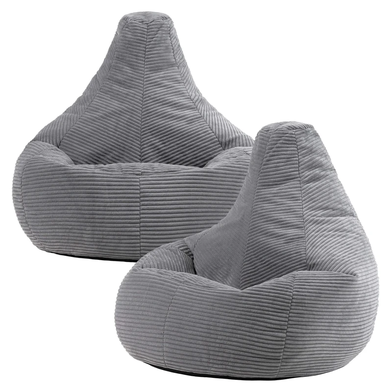 icon Dalton Cord Bean Bag Chair, Set of 2, Grey, Large Adult Bean Bag with Filling Included, Comfy Chair, Living Room Furniture, Bedroom Furniture
