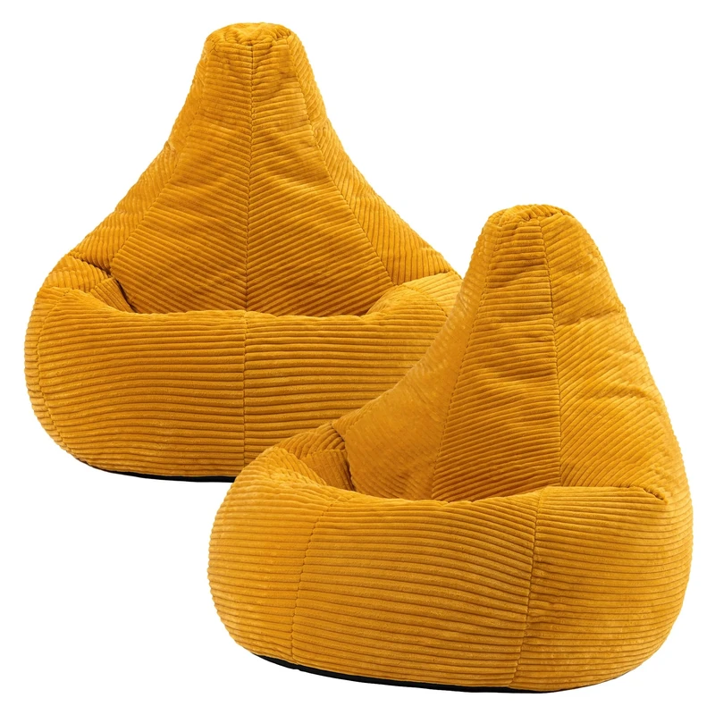icon Dalton Cord Bean Bag Chair, Set of 2, Ochre Yellow, Large Adult Bean Bag with Filling Included, Comfy Chair, Living Room Furniture, Bedroom Furniture