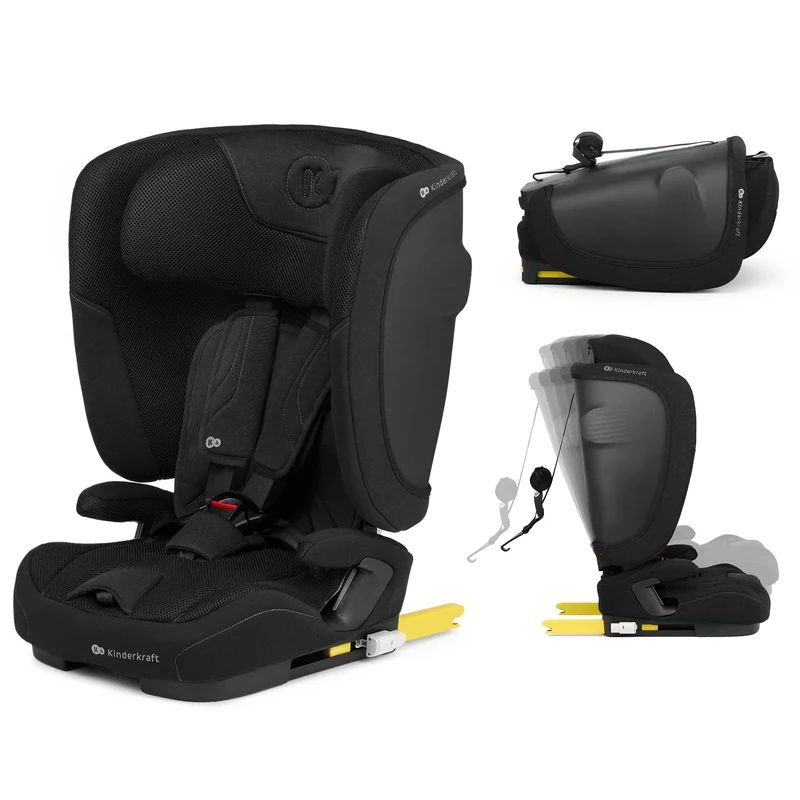 Kinderkraft FIX2GO car seat i-Size 76-150 cm (15M-12J), Foldable, Carrying Handle, ISOFIX+Top Tether, SAFERIDE Sensor, SPS+, H-Guard+, 5-Position Reclining, Air Flow, Washable Cover, Black