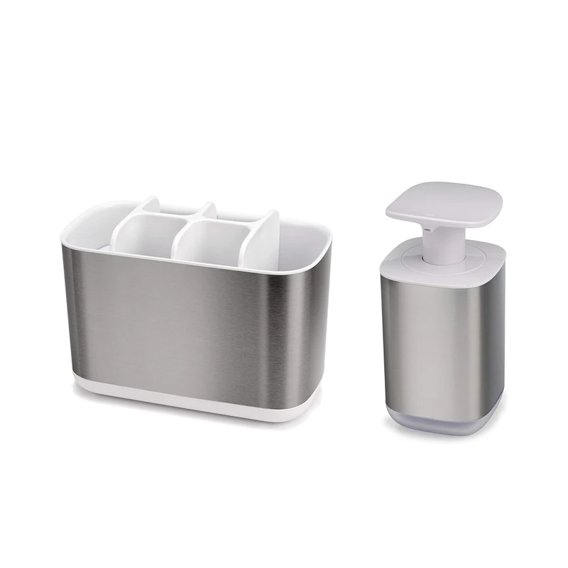 Wintem Toothbrush Holder Set 5 Compartments and Liquid Soap Dispenser 350 ml Plastic and Steel White and Silver - Comfortable Non-slip Feet for Increased Stability - Holes for Quick Drying - Image 1