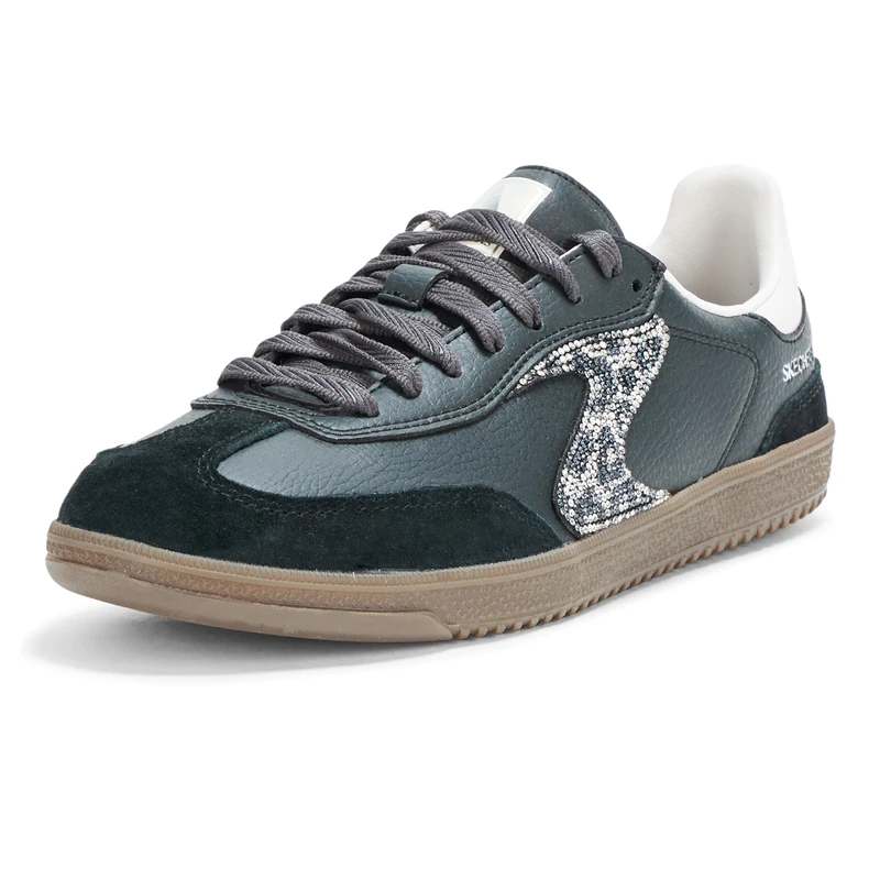 Skechers Women's Hotshot Shimmering Spots Sneaker, Black Duralteather/Leather/White Trim, 6.5 UK