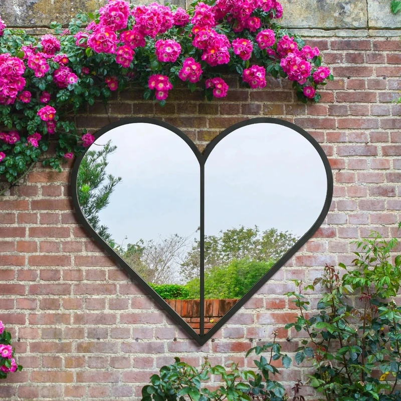 MirrorOutlet - The Corde - Black Heart Shaped Framed Modern Outdoor Garden Wall Mirror 31" X 31" (80CM X 80CM)