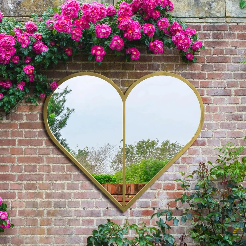 MirrorOutlet - The Corde - Gold Heart Shaped Framed Modern Outdoor Garden Wall Mirror 31" X 31" (80CM X 80CM)