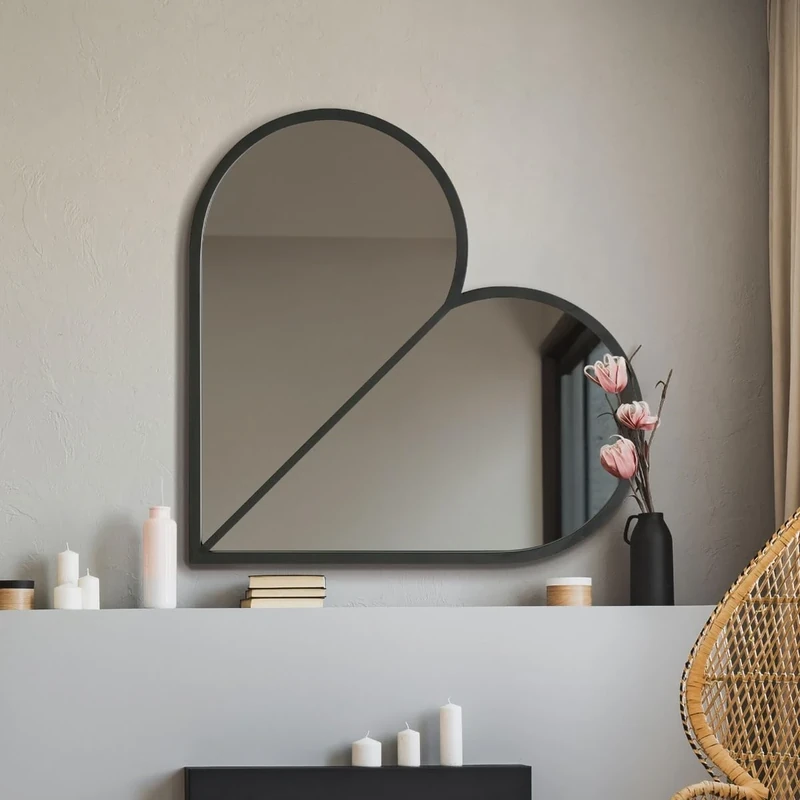 MirrorOutlet - The Corde - Black Heart Shaped Framed Modern Wall Mirror 31" X 31" (80CM X 80CM) - Suitable for Bedroom, Living Room, Dressing Room, and Living spaces.