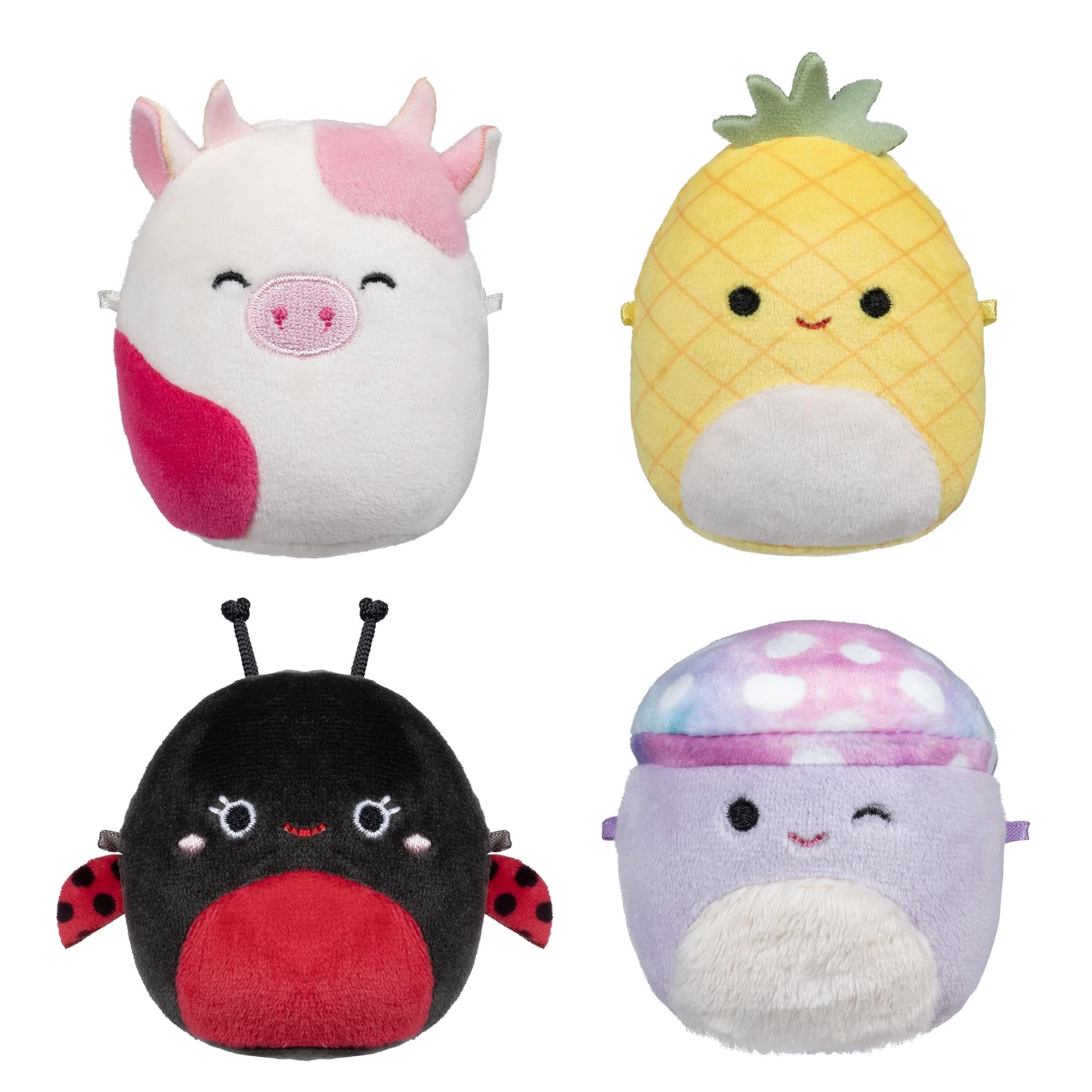 Squishmallows Micromallows Original Plush 4-Pack - Trudy Ladybug, Caedyn Cow, Maui Pineapple and Minya Mushroom