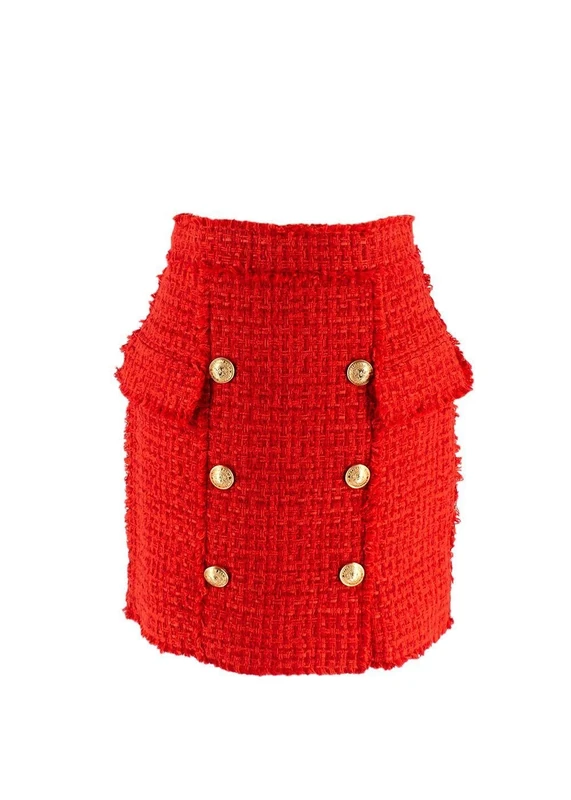 Balmain Pre-Loved Red Tweed Mini Skirt with Gold Button Detail