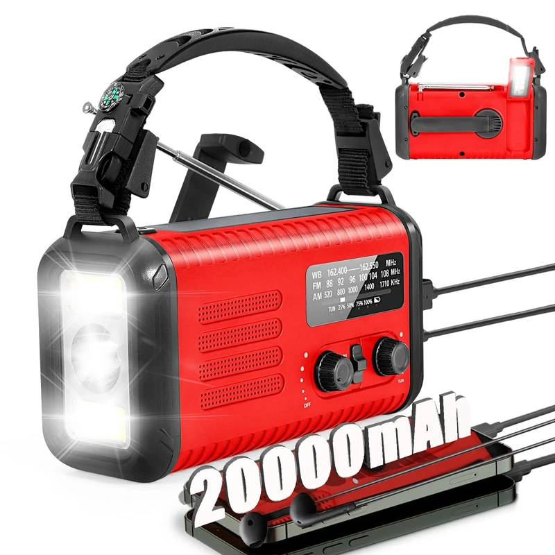 Wind Up Solar Radio, 20000mAh Survival Hand Crank Dynamo, AM/FM Emergency Weather Radio, Battery Powered with Cell Phone Charger, SOS Alarm, Flashlight & Reading Lamp for Household/Outdoor Camping
