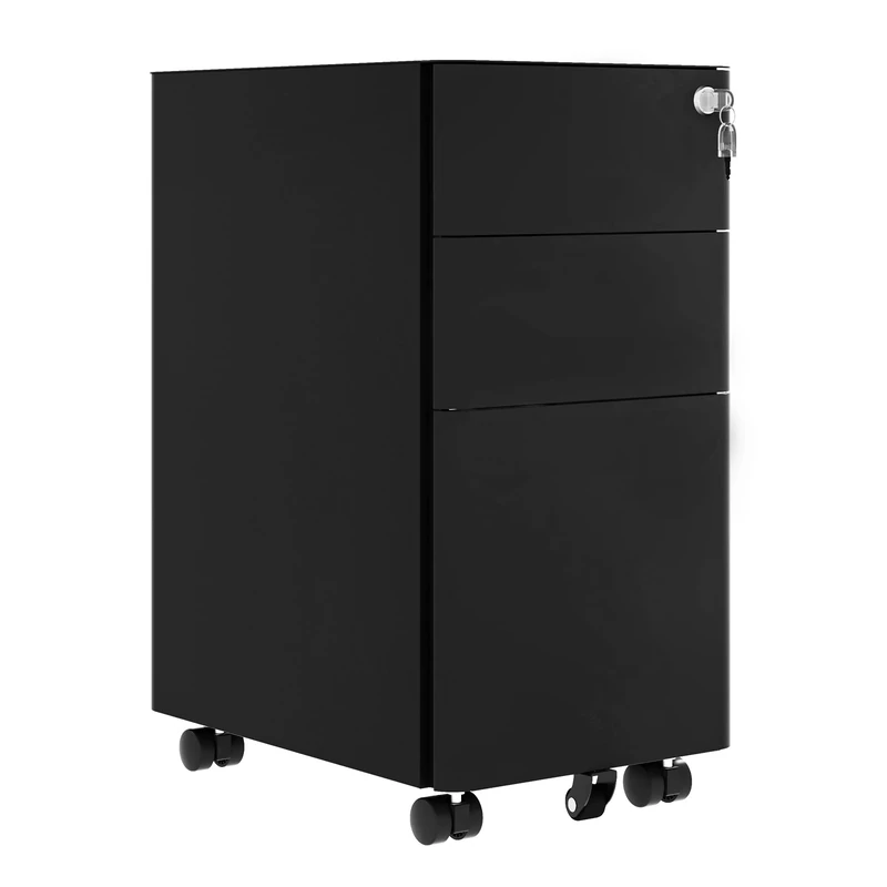 DWVO 3-Drawer lockable Filing Cabinet Office Drawers with Keys, Compact Slim Portable Metal File Cabinet, Pre-Built Office Storage Cabinet for A4/Letter/Legal, 30 x 45 x 61cm, Black