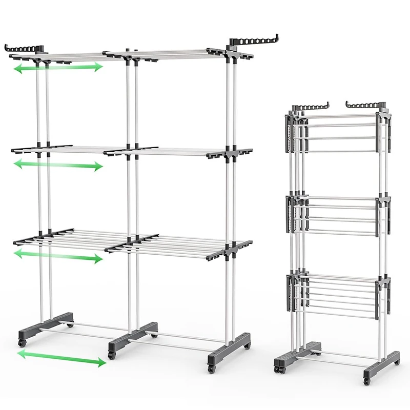 VOUNOT® Large Capacity 4 Tier Clothes Airer, Extendable Laundry Drying Rack Stainless Steel Clothes Horse with Foldable Wings, Telescopic Rod for Indoor Outdoor, White