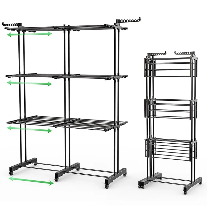 VOUNOT® Large Capacity 4 Tier Clothes Airer, Extendable Laundry Drying Rack Stainless Steel Clothes Horse with Foldable Wings, Telescopic Rod for Indoor Outdoor, Black