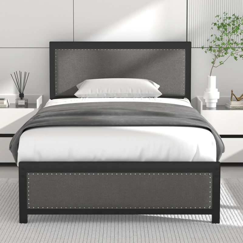 VECELO Single Size Bed Frame with Linen Fabric Headboard and Footboard, Heavy-Duty Platform with Strong Steel Slats, No Box Spring Needed, Easy Assembly, Grey