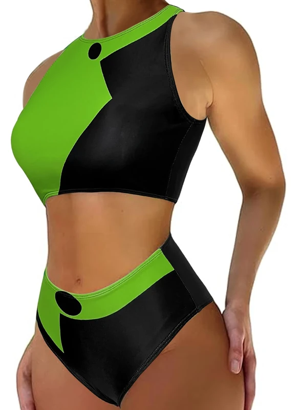 EVELUST Womens Colorblock Shego Costume - Rave Outfit Swimsuits High Neck Crop Top High Waisted Bottom Cosplay Bikini Set(BlackGreen,M,10851e)
