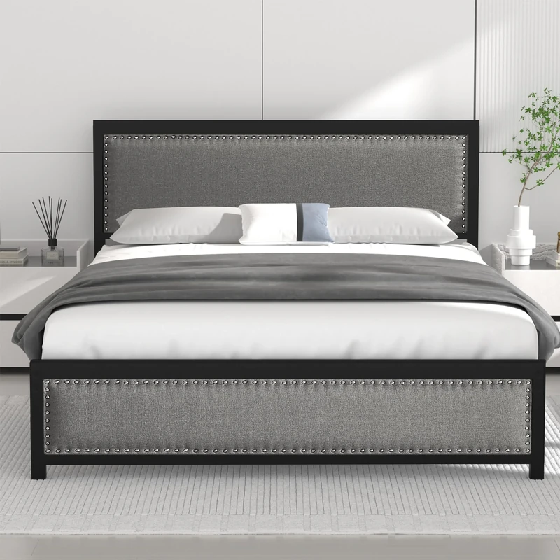 VECELO Double Bed Frame with Upholstered Linen Headboard and Footboard, Heavy-Duty Platform with Strong Metal Slats, No Box Spring Needed, Easy Assembly, Grey