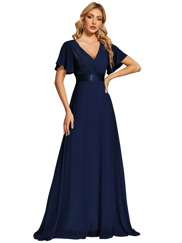 Ever-Pretty Women's Double V-Neck Short Flutter Sleeves Empire Waist Elegant Chiffon Long Evening Dresses Navy Blue 6UK
