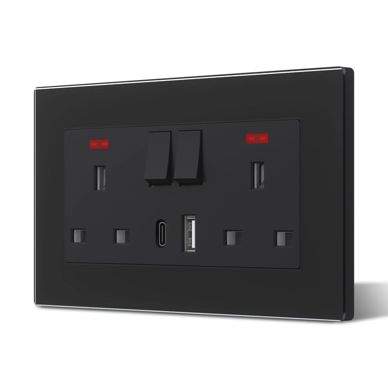 BSEED Double Plug Socket with USB C and USB A,Glass Switched Socket,UK Standard Electric Power Sockets,13A Wall Socket,Save Space,2 Gang,146mm Black