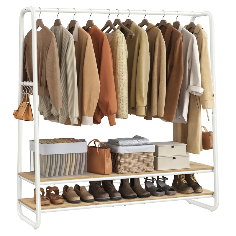 VASAGLE Clothes Rail, Clothes Rack with 2 Shelves, 6 S-Shaped Hooks, Steel Frame, for Bedroom, Natural Beige and Matte White RGR119W09
