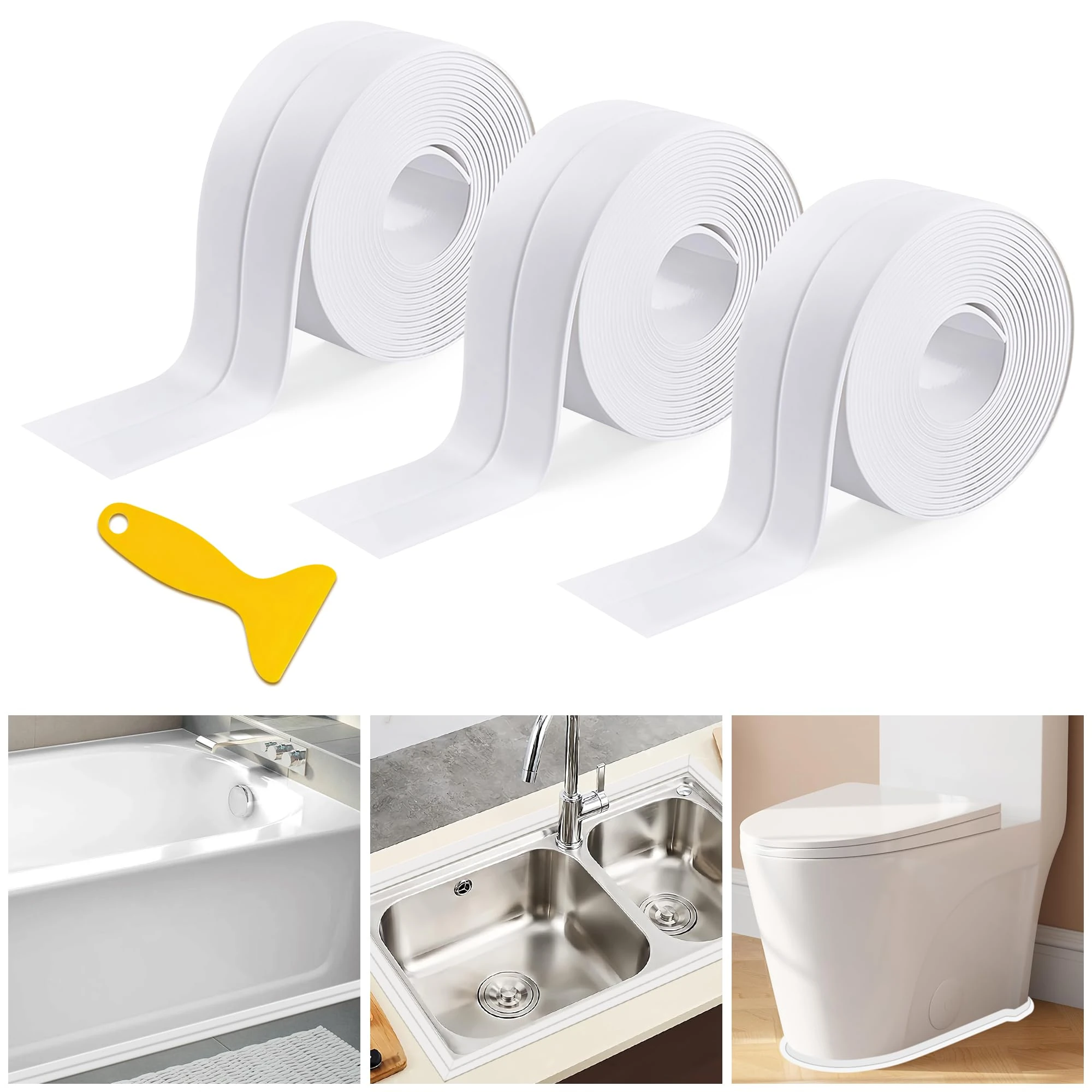 Bath Sealant Strip Self-Adhesive - Waterproof Sealant Tape for Shower, Bathtub, and Bathroom Flooring | Easy Installation, White Silicone Sealant Tape for Sealing Edges, Bath Panel (3)