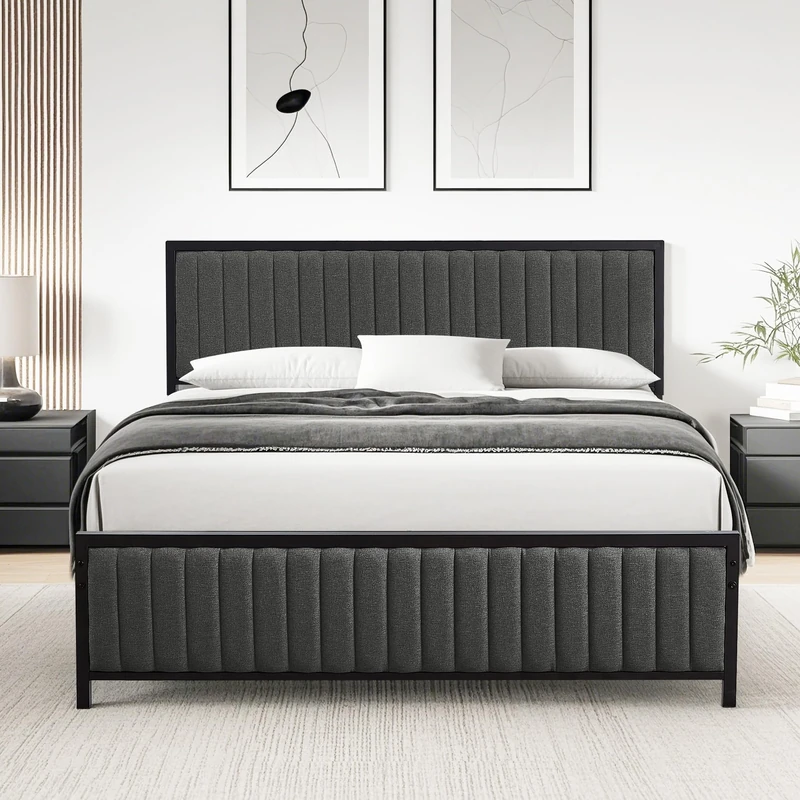 VECELO Double Bed Frame with Upholstered Linen Headboard and Footboard, Heavy-Duty Platform with Strong Metal Slats, No Box Spring Needed, Easy Assembly, Grey