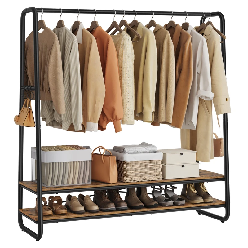 VASAGLE Clothes Rail, Clothes Rack with 2 Shelves, 6 S-Shaped Hooks, Steel Frame, for Bedroom, Rustic Brown and Black RGR119B01