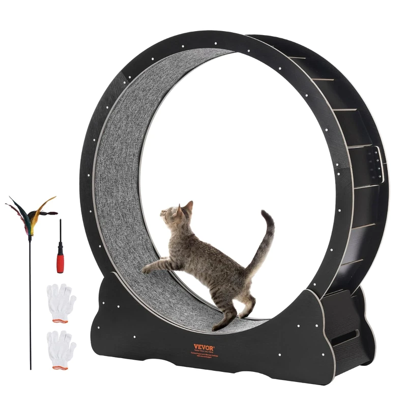 VEVOR Wooden Cat Exercise Wheel, 43.3" Large Cat Treadmill Wheel for Indoor Cats, Cat Running Wheel with Detachable Carpet & Cat Teaser for Running/Walking/Training, Suitable for Most Cats Black