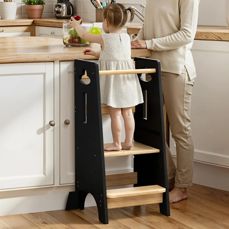 COSYLAND Height Adjustable Toddler Standing Tower - Super Stable Toddler Kitchen Stool Helper - 3 Levels Wooden Kids Learning Stool for Kitchen Toliet (Black & Natural,Large)