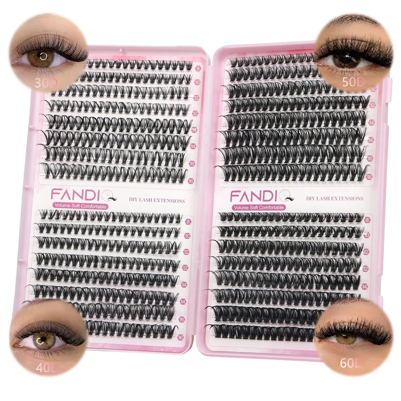 FANDIQ Individual Cluster Eyelash Extensions 640pcs Natural Fluffy Lashes 30D+40D+50D+60D DIY Lash Extensions for Beginners (C01)
