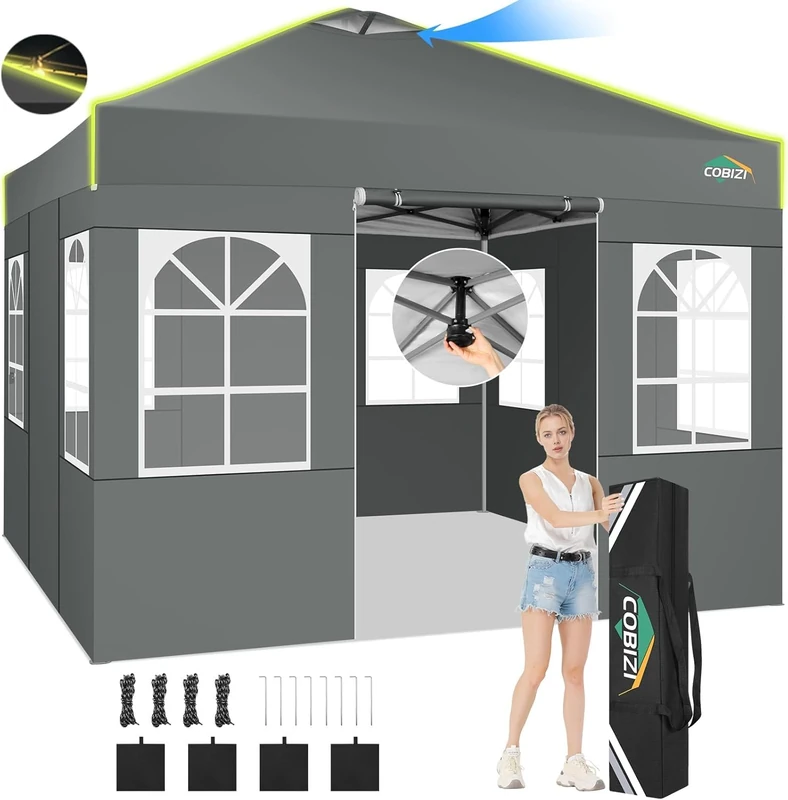 COBIZI 3x3 Folding Tent with Central Locking Single Button, Fluorescent Bands, Ventilation, 4 Side Walls and 3 Adjustable Heights for Camping and Beach, Garden Pavilion Gazebo Pergola