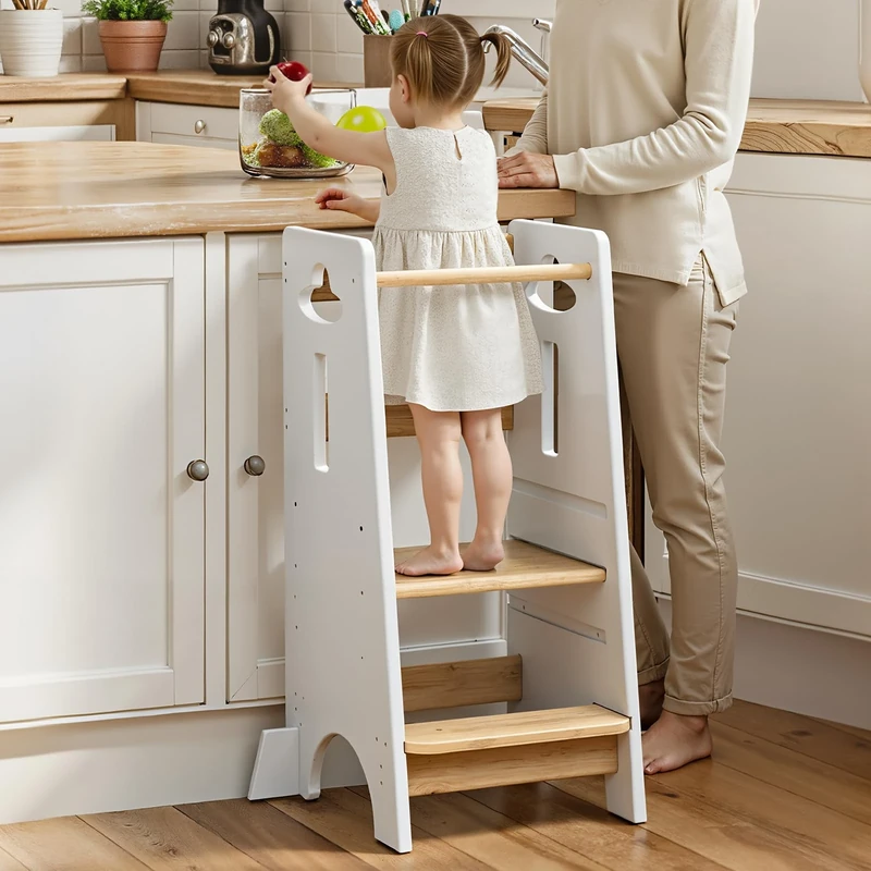 COSYLAND Toddler Standing Tower Adjustable Height - Kitchen step Stool Helper Super Stable - 3 Levels Adjustable Kids Learning Stool for Kitchen Stool (Natural & White,Large)