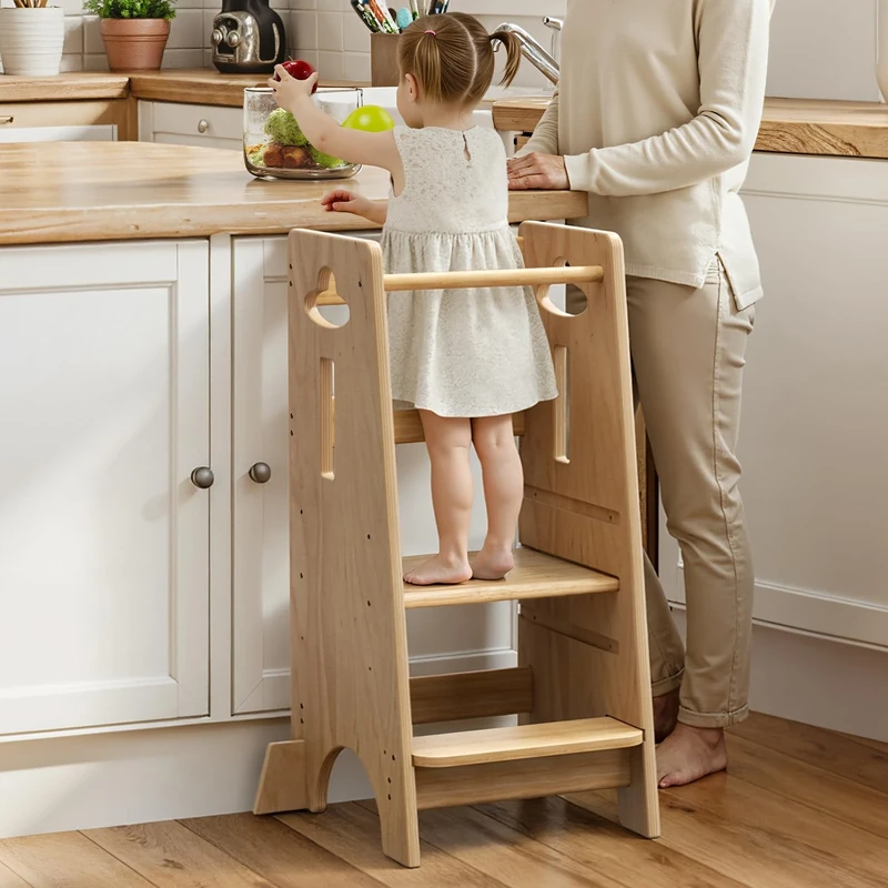 COSYLAND Toddler Kitchen Tower 3 Levels Height Adjustable - Stable Nursery Step Stool with Anti-fall Support Blocks - Toddlers Kitchen Stand Helper for Cooking (Natural,Large)