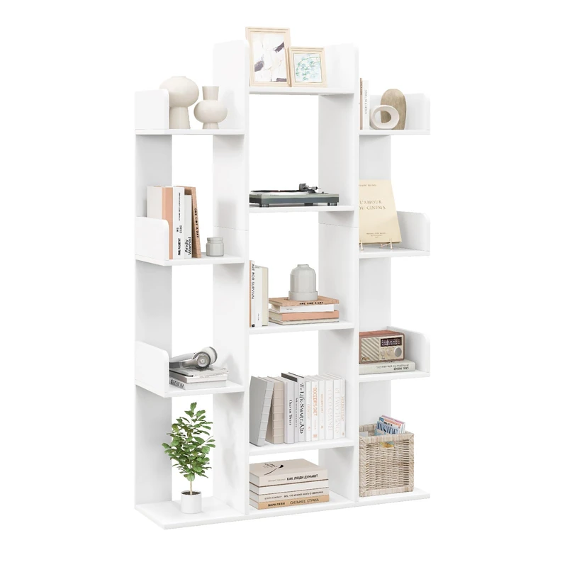 CASART Tree-Shaped Bookshelf, Anti-Tipping 8/13-Tier Bookcase with Side Buffer, Industrial Floor Standing Display Shelf Organizer for Office, Living Room & Balcony (White, 13 Tier- 86 x 25 x 141cm)